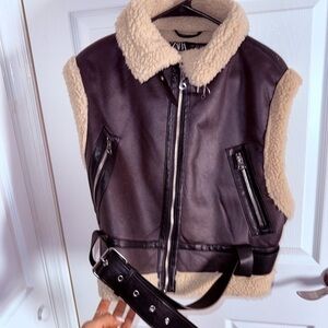Zara Leather Vest with Shearling Trim